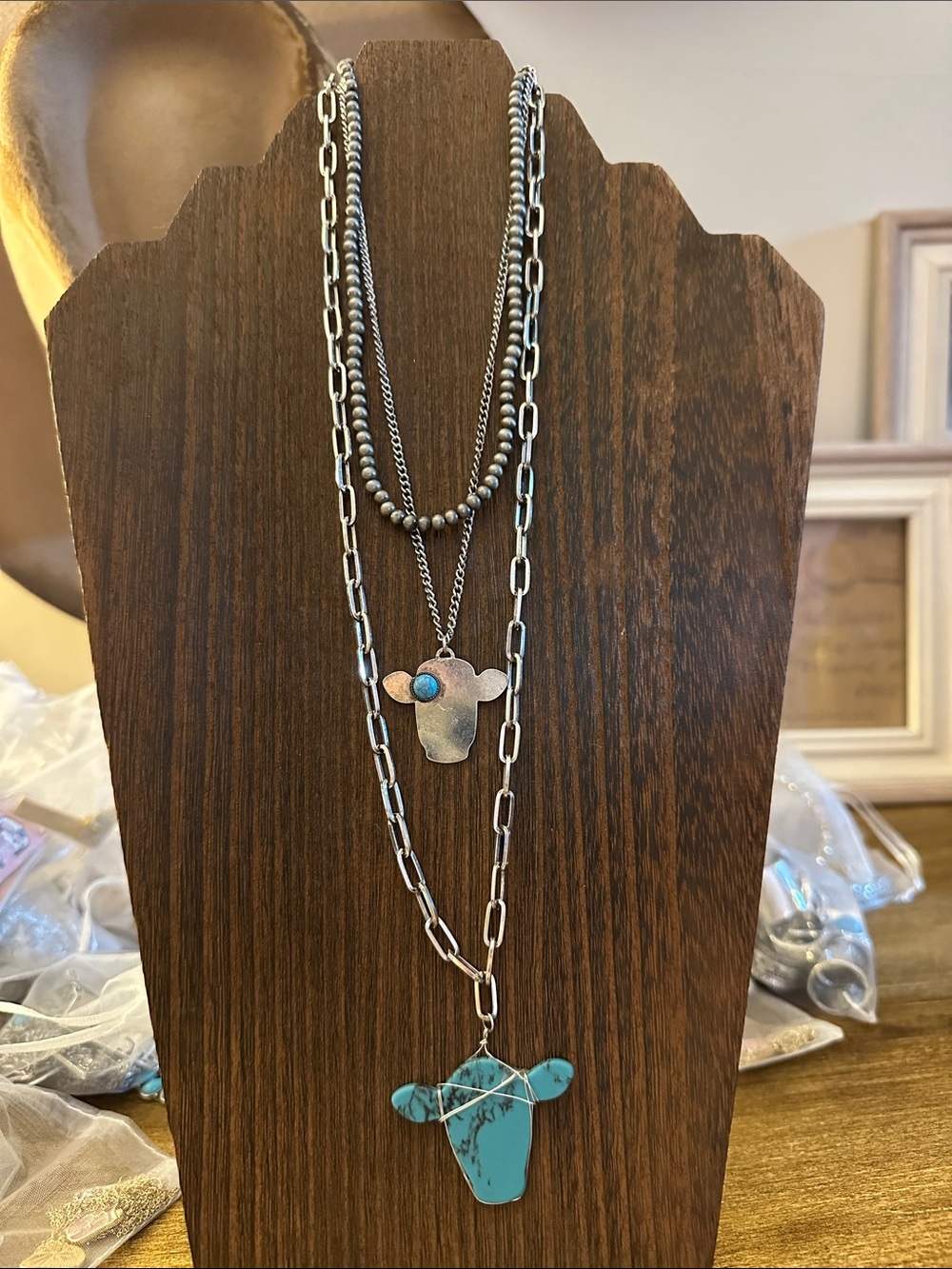 Layered Silver Necklace with Turquoise Bull Pendant - Women Jewelry